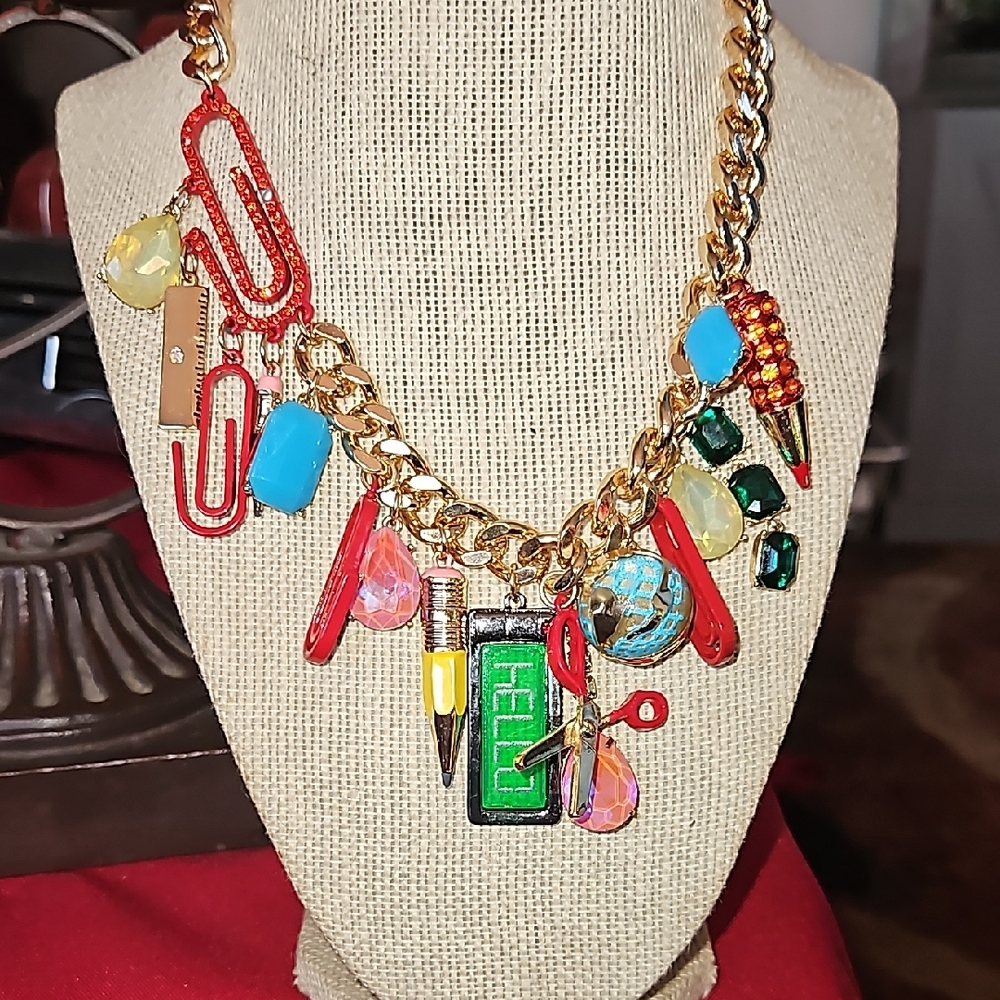 Red and Gold Statement Necklace with Charms - Picture 6 of 7